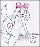  anthro bird_dog blue_eyes bow_ribbon butt canid canine canis domestic_dog fay_spaniel female flat_chested hunting_dog leaning leaning_forward looking_at_viewer mammal nintendo nude reddragonkan solo spaniel star_fox tail_motion tailwag traditional_media_(artwork) video_games 