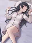  1girl 1other absurdres bare_legs bed_sheet black_hair blush glance highres idolmaster idolmaster_shiny_colors long_hair looking_at_another lying mayuzumi_fuyuko on_back pajamas pillow sjuno solo_focus straight_hair very_long_hair zzz 