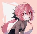  1girl brown_sweater eyelashes hair_between_eyes highres long_eyelashes long_hair looking_at_viewer original pink_hair pointy_ears red_eyes ribbed_sweater sharp_teeth signature smallbcarly smile solo sweater teeth turtleneck turtleneck_sweater very_long_hair 