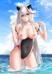  1girl :o aegir_(azur_lane) alternate_costume azur_lane black_swimsuit breasts cleavage competition_swimsuit contrapposto day demon_horns highleg highleg_swimsuit highres horns large_breasts long_hair looking_at_viewer multicolored_hair nipples one-piece_swimsuit outdoors red_hair red_swimsuit solo streaked_hair swimsuit thighs turboflower two-tone_hair very_long_hair wading water wet white_hair white_swimsuit yellow_eyes 