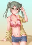  1girl anti_(untea9) bikini blue_background breasts collarbone cowboy_shot dark_green_hair hair_between_eyes highres jacket kantai_collection looking_at_viewer medium_breasts medium_hair navel red_bikini ribbon shorts solo swimsuit swimsuit_under_clothes twintails white_ribbon yellow_background yellow_eyes yellow_jacket zuikaku_(kancolle) 