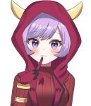  1girl api_peko bangs blush closed_mouth commentary_request courtney_(pokemon) fake_horns gloves hand_up heart heart_in_eye highres hood hood_up horned_headwear horns logo looking_at_viewer pokemon pokemon_(game) pokemon_oras purple_eyes purple_hair short_hair simple_background smile solo symbol_in_eye team_magma team_magma_uniform upper_body white_background 