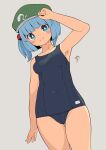  1girl aqua_eyes aqua_hair armpits bangs blunt_bangs blush breasts cameltoe covered_navel green_headwear grey_background groin hair_bobbles hair_ornament hand_on_headwear hat huxiao_(mistlakefront) kawashiro_nitori medium_hair school_swimsuit side_ponytail sidelocks signature simple_background small_breasts smile swimsuit touhou 