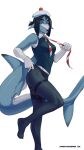  anthro big_tail black_hair blue_body blue_clothing blue_topwear breasts claws clothing countershading eyebrows female fish grey_body grey_countershading hair half-closed_eyes hi_res holster holstered_pistol legwear marina_(smoothsharb) marine narrowed_eyes necktie nylons open_mouth pulling_clothing pulling_tie pupils shark shark_tail smoothsharb solo stockings teal_eyes thick_eyebrows thigh_holster topwear undressing white_pupils 
