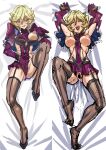 1girl ahegao black_thighhighs blonde_hair blush breasts carol_malus_dienheim drooling garter_straps highres looking_at_viewer lying medium_breasts multiple_views nipples on_back open_mouth orgasm pussy rolling_eyes saliva senki_zesshou_symphogear shiny shiny_hair shiny_skin sketch smile spread_legs spread_pussy_under_clothes syunzou thighhighs tongue tongue_out yellow_eyes 