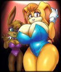  absurd_res anthro archie_comics areola areola_slip big_breasts breasts bunnie_rabbot bunny_costume clothing costume deegee duo female gesture head_tuft hi_res invalid_tag lagomorph larger_female leporid mammal one_eye_closed rabbit sega size_difference smile sonic_the_hedgehog_(archie) sonic_the_hedgehog_(comics) sonic_the_hedgehog_(series) sparkles thick_thighs tuft vanilla_the_rabbit waving waving_at_viewer wink 