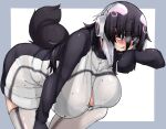  1girl absurdres african_penguin_(kemono_friends) animal_costume black_gloves black_hair blush breasts gloves headphones highres kemono_friends kneehighs large_breasts long_hair looking_at_viewer multicolored_hair open_mouth penguin_costume penguin_tail pink_hair red_eyes shirt simple_background socks solo sweat tail urisaba white_hair 