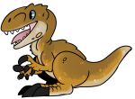  ambiguous_gender biped black_claws brown_body brown_tail chibi claws dinosaur feral glistening glistening_eyes grey_body grey_tail imperatorcaesar open_mouth pink_tongue reptile scalie sharp_teeth side_view simple_background solo teeth tongue white_background 