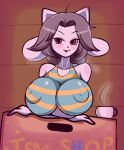  ahoge anthro big_breasts blue_clothing blue_topwear blush box breasts brown_background brown_eyes canid clothing container cup eyelashes felid female fur grey_hair hair hi_res huge_breasts human looking_at_viewer mammal nipple_outline pattern_clothing pattern_topwear simple_background solo striped_clothing striped_topwear stripes tem temmie_(undertale) topwear touijou777 undertale undertale_(series) video_games white_body white_fur yellow_clothing yellow_topwear 