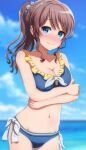  1girl absurdres bang_dream! bikini blue_eyes blue_sky blush breasts brown_hair cloud day frilled_bikini frills front-tie_top hair_ribbon highres horizon looking_at_viewer medium_breasts nose_blush noshimurin ocean outdoors ponytail ribbon side-tie_bikini sky solo swimsuit yamabuki_saaya 