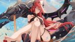  1girl absurdres arknights ass auguste bangs barefoot berry breasts cleavage demon_horns detached_collar highres holding horns large_breasts long_hair looking_at_viewer purple_eyes red_hair slingshot_swimsuit solo surtr_(arknights) swimsuit very_long_hair water 