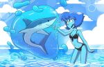  2018 5_fingers bikini blue_body blue_hair blue_skin breasts cartoon_network clothing cubedcoconut duo female feral fingers fish gem_(species) hair lapis_lazuli_(steven_universe) marine outside shark smile steven_universe swimwear water 