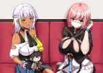  2girls :d black_gloves black_leotard blue_jacket bob_cut breasts carole_peppers clothes_around_waist couch dark-skinned_female dark_skin doll earrings fingerless_gloves gloves grey_eyes hair_ornament hairclip holding honkai_(series) honkai_impact_3rd jacket jacket_around_waist jewelry large_breasts leotard lion_space looking_at_viewer mask mouth_mask multiple_girls off_shoulder open_mouth pants pink_hair protagonist_(honkai_impact) shirt short_hair short_sleeves single_earring single_glove sitting smile stuffed_toy timido_cute white_gloves white_hair white_pants white_shirt yellow_eyes 