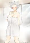  1girl absurdres ahoge animal_ears artist_name blush breasts closed_eyes closed_mouth forehead highres indoors inubashiri_momiji large_breasts onsen short_hair smile solo tail take_(take143000) touhou towel white_hair wolf_ears wolf_girl wolf_tail 
