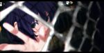  1girl absurdres black_eyes blue_hair blurry blurry_background blurry_foreground chain-link_fence chromatic_aberration close-up fence gerar_dc hair_between_eyes highres looking_at_viewer open_mouth original outdoors scenery solo upper_body 