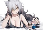  1girl absurdres animal_ears arknights bangs bare_arms bare_shoulders breasts camisole cat_ears ceylon_(arknights) cleavage commentary grey_hair hair_between_eyes hand_up highres large_breasts long_hair lying on_stomach schwarz_(arknights) simple_background smile solo spaghetti_strap very_long_hair wakamepiza white_background yellow_eyes 