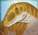  ambiguous_gender brown_body brown_stripes dinosaur eye_scar facial_scar feral imperatorcaesar mouth_closed orange_body reptile scalie scar sharp_teeth simple_background solo striped_back striped_neck stripes teeth white_body 