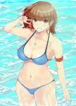  1girl bikini breasts brown_hair clenched_teeth highres jewelry looking_at_viewer medium_breasts nail_polish navel necklace ocean original red_eyes short_hair smile solo swimsuit teeth water yuhica 