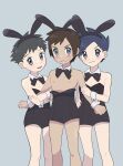  3boys bangs black_bow black_bowtie black_hair black_hairband blush bow bowtie brendan_(pokemon) brown_hair closed_mouth commentary_request detached_collar embarrassed ethan_(pokemon) grey_background grey_eyes hairband highres knees looking_at_viewer lucas_(pokemon) male_focus multiple_boys nipples open_mouth pokemon pokemon_(game) pokemon_dppt pokemon_hgss pokemon_oras sana_(37pisana) short_hair simple_background smile sweatdrop wrist_cuffs 