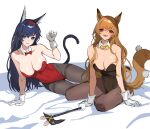  2girls animal_ears arknights axe bare_shoulders bed_sheet blaze_(arknights) blonde_hair blue_eyes blue_hair blush bow breasts bunny_day ceobe_(arknights) collarbone covered_navel detached_collar eyebrows_visible_through_hat gloves hair_between_eyes hairband highres jason_kim large_breasts long_hair looking_at_viewer lying multiple_girls on_side pantyhose paw_pose playboy_bunny red_bow red_eyes sitting smile tail thigh_gap yellow_bow 