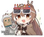  1girl :d ahoge bangs birthday brown_capelet brown_cloak brown_corset brown_eyes brown_hair cake_hat capelet chibi cloak confetti corset english_text eyewear_on_head feather_hair_ornament feathers friend_(nanashi_mumei) funny_glasses glasses gloves gyaheung hair_ornament hairclip happy_birthday hololive hololive_english long_hair looking_at_viewer multicolored_hair nanashi_mumei nanashi_mumei&#039;s_horror_painting partially_fingerless_gloves party_whistle ponytail ribbon shirt smile streaked_hair v very_long_hair virtual_youtuber white_shirt 