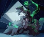 absurd_res anthro areola breasts delphox detailed_background dream_weaver_pony female flare_the_delphox fluffy fluffy_tail fur genitals green_eyes grey_body grey_fur hi_res magic markings nintendo nipples pok&eacute;mon pok&eacute;mon_(species) pussy slit smile solo video_games white_body white_fur 
