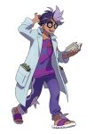  1boy absurdres arm_above_head artist_request book flip-flops glasses hand_up highres holding holding_book jacq labcoat multicolored_hair official_art one_eye_closed open_mouth pants pokemon pokemon_(game) pokemon_sv purple_footwear purple_hair purple_pants purple_shirt rotom rotom_phone sandals shirt simple_background solo striped striped_shirt two-tone_hair 