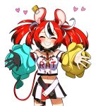  1girl absurdres animal_ears asymmetrical_sleeves bow closed_eyes collar ddolbang gloves grin hakos_baelz heart highres hololive hololive_english incoming_hug midriff mouse_ears mouse_tail navel pleated_skirt red_hair sharp_teeth single_glove skirt smile spiked_collar spikes tail tail_bow tail_ornament teeth virtual_youtuber white_background 