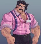  1boy absurdres arm_hair bara black_hair brown_eyes character_request chest_hair collared_shirt facial_hair feet_out_of_frame hairy highres juggermelon large_pectorals leather leather_belt long_sideburns looking_at_viewer male_focus manly mature_male muscular muscular_male mustache pants partially_unbuttoned pectoral_cleavage pectorals pokemon pokemon_(game) pokemon_sv shirt short_hair sideburns simple_background solo thick_arms thick_eyebrows tight v-neck 