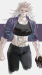  1girl abs breasts dorohedoro earrings highres jacket jewelry large_breasts long_hair looking_at_viewer muscular muscular_female noi_(dorohedoro) open_mouth park_ongjol red_eyes simple_background smile solo white_hair 