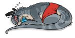  anthro bottomwear clothing dinosaur eyes_closed grey_body grey_tail imperatorcaesar lying male neck_spikes on_side plushie red_bottomwear red_clothing reptile scalie simple_background sleeping solo sound_effects tan_body white_background zzz 