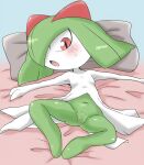  ambiguous_gender bedding blush bodily_fluids doneru featureless_crotch green_body head_crest hi_res kirlia looking_at_viewer looking_down lying navel nintendo not_furry on_back pillow pok&eacute;mon pok&eacute;mon_(species) solo spread_arms spread_legs spreading sweat sweatdrop video_games young 