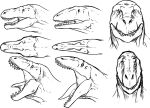  black_and_white dinosaur front_view imperatorcaesar looking_at_viewer monochrome mouth_closed multiple_images open_mouth reptile scalie sharp_teeth side_view solo teeth tongue tongue_out wide_eyed 