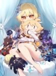  1girl 2boys abyss_mage_(genshin_impact) aether_(genshin_impact) ahoge blonde_hair character_doll covering_mouth dainsleif_(genshin_impact) doll drop_0720 feet flower gauntlets genshin_impact hair_flower hair_ornament highres holding holding_doll lumine_(genshin_impact) multiple_boys sitting solo_focus twitter_username yellow_eyes 