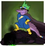  anthro black_hair blonde_hair blue_bodysuit blue_hair bodysuit clothing death duo hair hand_on_hip humanoid imperatorcaesar lying mouth_closed multicolored_hair on_front purple_body purple_scales purple_tail scales simple_background skinsuit smile teeth tight_clothing two_tone_hair 