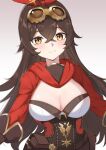  1girl amber_(genshin_impact) bangs blush breasts brown_hair cleavage commentary genshin_impact goggles goggles_on_head gradient gradient_background grey_background hair_between_eyes hair_ribbon highres large_breasts long_hair long_sleeves looking_at_viewer pouch red_ribbon ribbon shrug_(clothing) smile solo upper_body very_long_hair yellow_eyes zhourues 