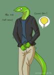  2022 anthro apex_(artist) bodily_fluids bottomwear clothed clothing clothing_lift english_text genital_fluids green_background hi_res jacket male meter nervous omorashi pants potty_dance reptile scalie shaking shirt shirt_lift simple_background snake solo text topwear unzipping_pants urine urine_meter vine_snake wet wet_bottomwear wet_clothing wet_pants wetting 