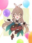  1girl :d ahoge ankle_boots asymmetrical_legwear balloon bangs belt birthday boots brown_capelet brown_cloak brown_corset brown_eyes brown_hair cape capelet cloak corset feather_hair_ornament feathers gloves hair_ornament hairclip happy_birthday highres hololive hololive_english jumping knee_strap kneehighs lantern long_hair multicolored_hair nanashi_mumei neru_(flareuptf1) partially_fingerless_gloves pleated_skirt ponytail pouch red_skirt ribbon shirt simple_background single_kneehigh single_sock single_thighhigh skirt smile socks streaked_hair teeth thigh_strap thighhighs upper_teeth very_long_hair virtual_youtuber white_shirt 