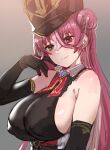  1girl bare_shoulders black_gloves black_headwear bow_(bhp) breasts closed_mouth elbow_gloves gloves grey_background hair_between_eyes hair_bun hat hololive houshou_marine large_breasts long_hair looking_at_viewer red_eyes red_hair sideboob single_hair_bun smile solo upper_body virtual_youtuber yellow_eyes 