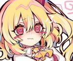  1girl @_@ ascot bangs blonde_hair blush breasts closed_mouth collared_shirt commentary_request dress flandre_scarlet hair_between_eyes hair_ribbon heart kyouda_suzuka looking_at_viewer medium_breasts no_hat no_headwear one_side_up puffy_sleeves red_dress red_eyes red_ribbon ribbon shirt short_hair short_sleeves solo touhou upper_body white_background white_shirt yellow_ascot 