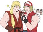  artist_request baseball_cap black_hair blonde_hair blue_eyes brown_hair capcom cosplay costume_switch denim dougi fatal_fury fatal_fury_cap fingerless_gloves gloves hat headband highres jacket jeans ken_masters long_hair looking_at_viewer male_focus mishima_kazuya multiple_boys muscular one_eye_closed pants ponytail red_eyes ryu_(street_fighter) scar short_hair simple_background smile snk street_fighter super_smash_bros. tekken terry_bogard the_king_of_fighters thick_eyebrows topless_male vest 