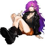  1girl bangs boots breasts cleavage closed_mouth fire_emblem fire_emblem:_three_houses fire_emblem_warriors:_three_hopes hair_bun hair_over_one_eye highres jacket large_breasts leather leather_jacket long_hair looking_at_viewer middle_finger purple_eyes purple_hair shez_(fire_emblem) shez_(fire_emblem)_(female) shorts simple_background single_hair_bun smile solo yodosumiori 
