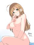  1girl ahoge blush breasts brown_hair character_request closed_mouth completely_nude green_eyes hamao highres long_hair looking_at_viewer medium_breasts navel nipples nude shiny shiny_hair shiny_skin simple_background sitting smile solo straight_hair very_long_hair white_background 