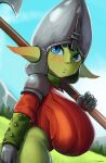  absurd_res armor axe big_breasts blue_eyes blush breasts clothed clothing cranihum female goblin green_body green_skin headgear helmet hi_res huge_breasts humanoid humanoid_pointy_ears looking_back melee_weapon not_furry outside solo weapon 