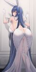  1girl animal_ears arm_support ass azur_lane backboob backless_dress backless_outfit bare_back bare_shoulders blue_hair blush breasts butt_crack censored closed_mouth dress fake_animal_ears feet_out_of_frame from_behind gloves highres indoors large_breasts leaning_forward long_dress long_hair looking_at_viewer looking_back mosaic_censoring new_jersey_(azur_lane) new_jersey_(snow-white_ceremony)_(azur_lane) no_panties official_alternate_costume pussy rabbit_ears see-through see-through_dress shadow siu_(siu0207) solo standing very_long_hair white_dress white_gloves 