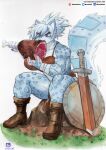  absurd_res anthro breasts eating felid female food hi_res mammal meat melee_weapon murazaki muscular muscular_female pantherine shield sitting snow_leopard solo sword weapon 