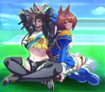  2girls :o animal_ears arms_up bangs belt black_jacket black_shorts black_thighhighs blue_dress boots brown_eyes brown_hair crop_top cropped_jacket crown daiwa_scarlet_(umamusume) dokozo_no_shirou dress full_body hair_over_one_eye highres horse_ears horse_girl horse_tail horseshoe indian_style jacket jewelry long_hair long_sleeves looking_at_viewer midriff multicolored_hair multiple_girls navel necklace on_floor open_mouth purple_eyes shoe_soles short_hair shorts sitting smile tail teeth thigh_boots thighhighs twintails two-tone_hair umamusume vodka_(umamusume) white_footwear white_hair 