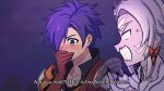  1boy 1other arval_(fire_emblem) black_shirt blank_eyes blue_eyes blush collarbone commentary english_commentary facial_mark fire_emblem fire_emblem:_three_houses forehead gloves hair_over_one_eye hand_to_own_mouth highres looking_at_another lopuii night night_sky nose_blush open_mouth outdoors portrait profile purple_hair red_gloves shez_(fire_emblem) shez_(fire_emblem)_(male) shirt short_hair sky v-shaped_eyebrows whisker_markings white_hair 