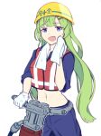  1girl :d assault_lily bangs blue_eyes blue_pants blue_shirt commentary_request construction_worker cowboy_shot crop_top gloves green_hair hair_ornament hairclip hand_up hardhat helmet highres holding holding_towel jackhammer kawabata_hotaru long_hair looking_at_viewer midriff navel nekomint open_mouth pants red_vest shirt simple_background sleeves_past_elbows sleeves_rolled_up smile solo stomach sweatdrop towel towel_around_neck very_long_hair vest wavy_hair white_background white_gloves wiping_face wiping_sweat yellow_headwear 