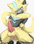  anthro anus balls biped blue_body blue_eyes censored crouching erection genitals hands_behind_back hi_res legendary_pok&eacute;mon male megusuri mosaic_censorship nintendo penis pok&eacute;mon pok&eacute;mon_(species) simple_background solo solo_focus video_games white_background yellow_body zeraora 